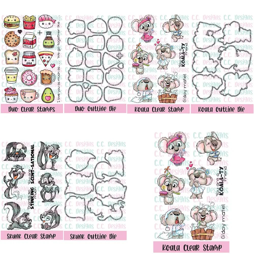 Cartoon Food & Animal Themed Stamp & Die Set, Burger/Koala/Skunk Elements Tools for DIY Scrapbooking & Greeting Card Decoration