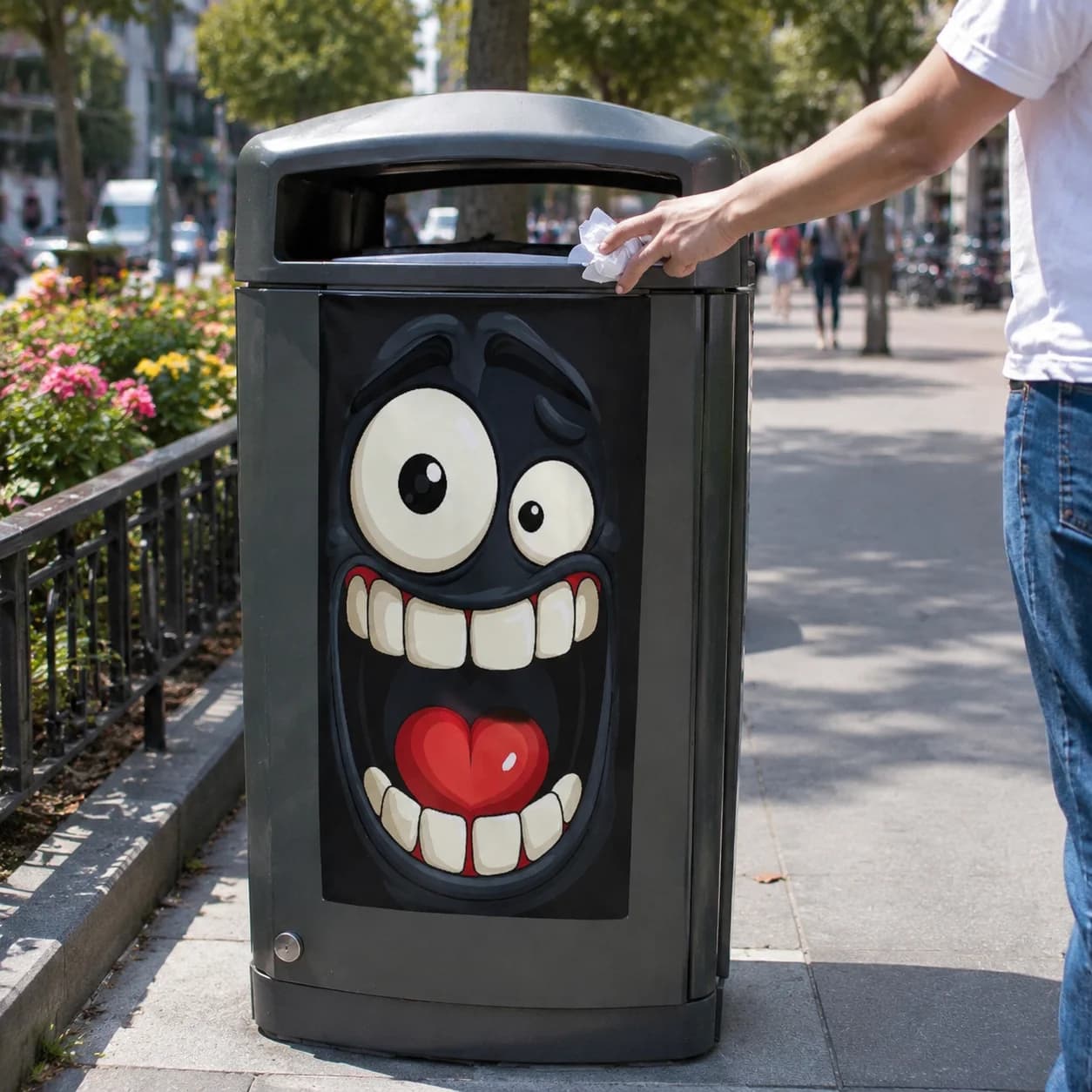 Kids Cartoon Trash Can Sticker Funny Face Decal for Playgrounds Waterproof PVC Bin Decor Large Mouth Teeth Durable UV Resistant