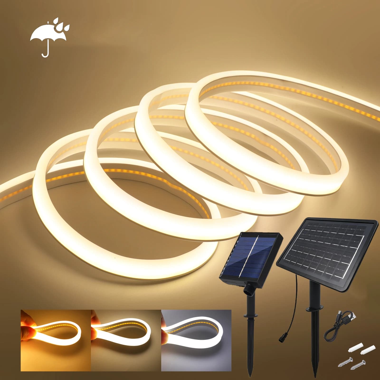 24V COB Solar Strip Light Waterproof LED Neon 5M 10M High Density 320LEDs/M Warm Natural White Flexible Ribbon Garden Room Decor