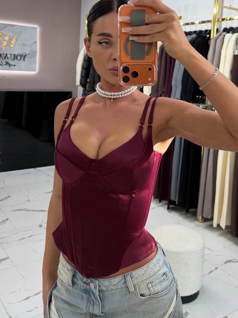 Nuovo Top Corsetto Sexy da Donna Senza Spalline con Struttura a Lisca di Pesce, Top a Fascia 2026, Gilet da Sera, Bustier Corto in Raso Senza Schienale alla Moda