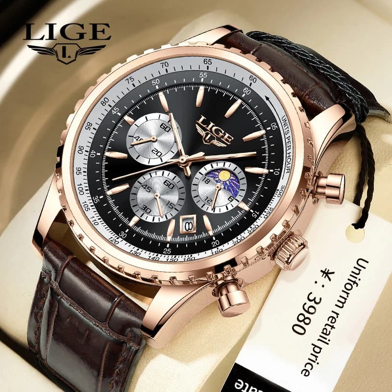 LIGE Nuovo Orologio di Lusso da Uomo, Orologio al Quarzo con Cinturino in Pelle, Impermeabile, Luminoso, con Data e Cronografo, Sportivo