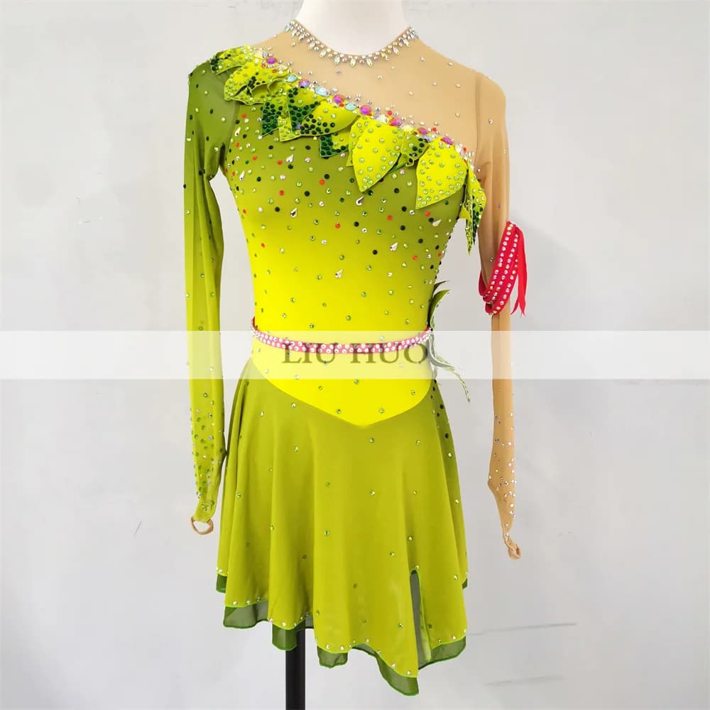 LIUHUO Danza sul Ghiaccio Pattinaggio di Figura Vestito Donna Ragazza Adulta Adolescente Personalizza Costume Prestazioni Competizione Danza Body Verde Rullo
