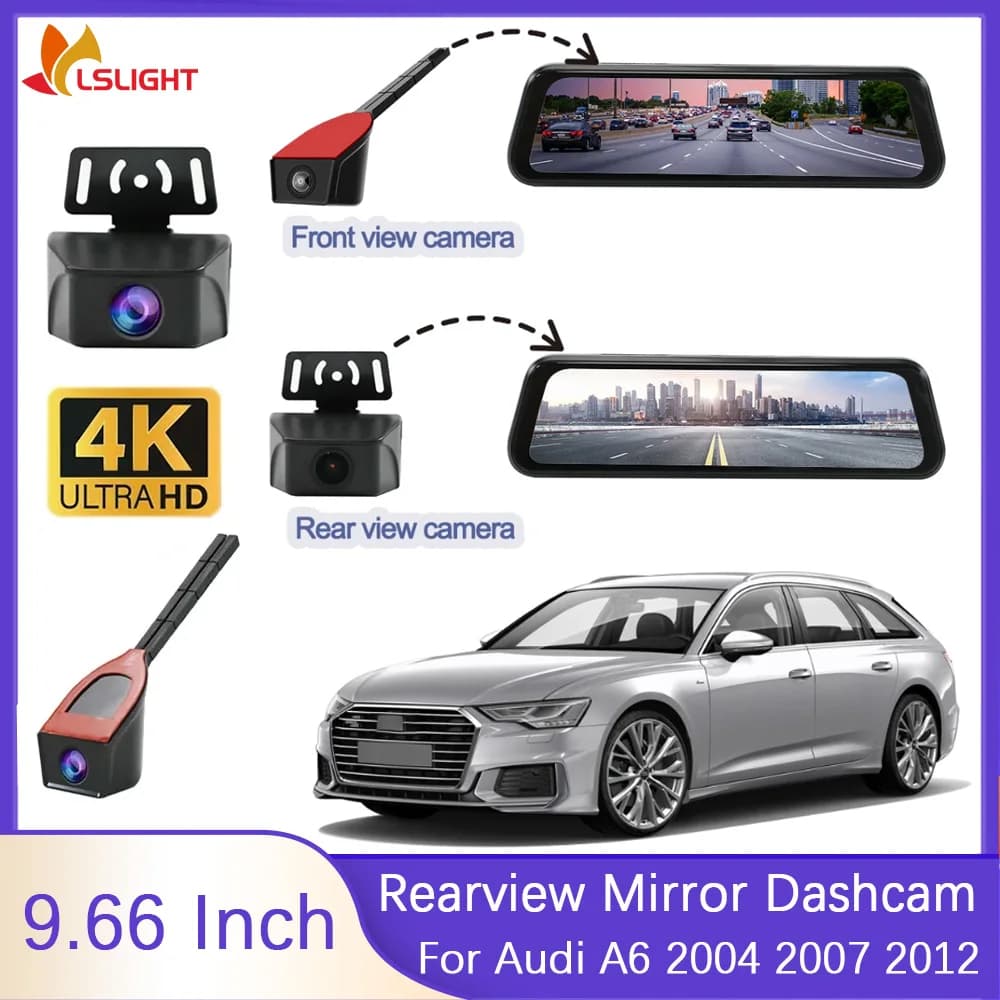 Dashcam per specchietto retrovisore per auto da 9,66 pollici per Audi A6 2004 2007 2012 con monitor di parcheggio per telecamera retrovisore 4K Front View 1080P