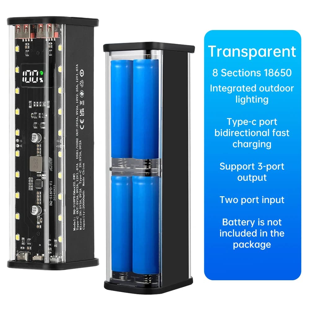 Mecha Transparent Quick Charging Mobile Power Kit Long Life 8*18650 Battery Box DIY Kit Welded Power Bank Smooth