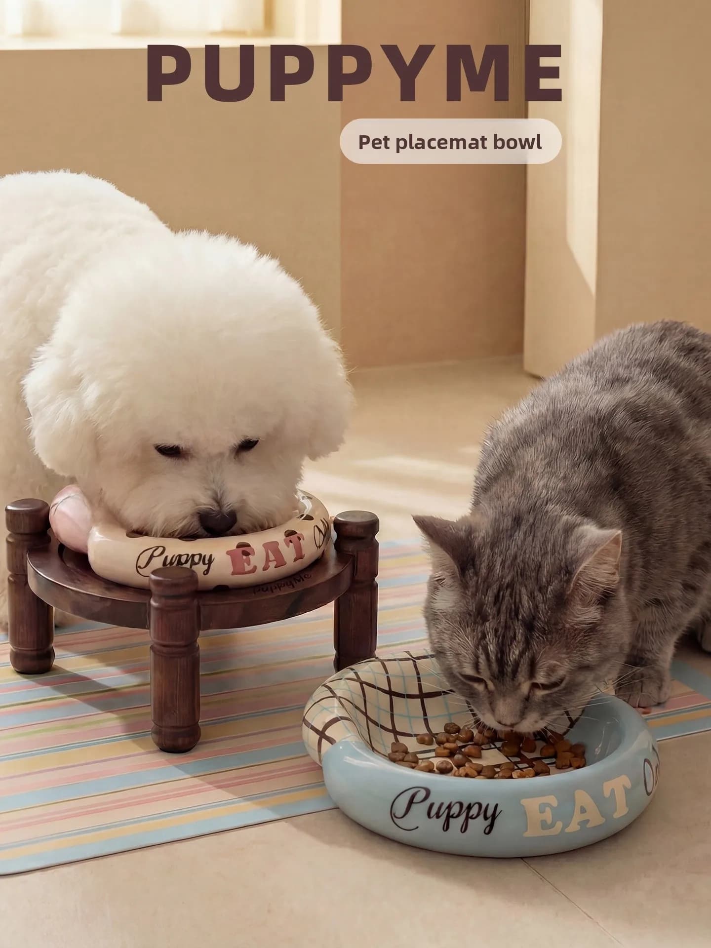 PuppyMe Ciotola in Ceramica per Animali Domestici, Profonda, Antiscivolo, Isolante Termico, con Supporto per il Collo, Leggera, Tappetino per Pasti