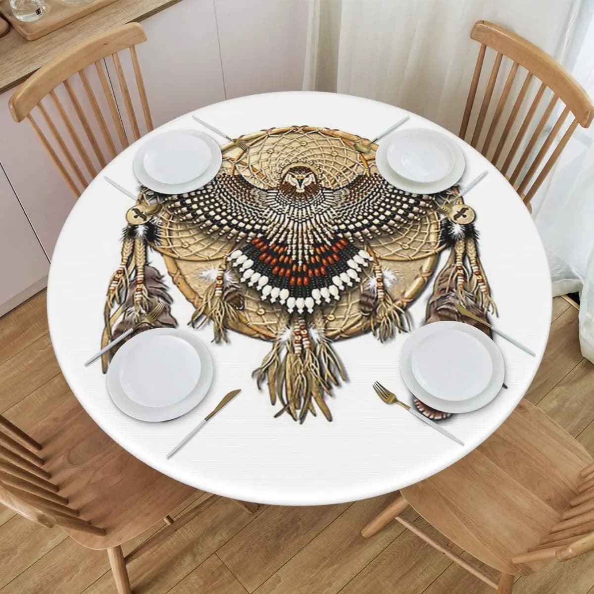 Red-Tail Hawk Dreamcatcher Mandala Waterproof Round Tablecloth Oilproof Table Cloth for Kitchen Events Dining Table Cover