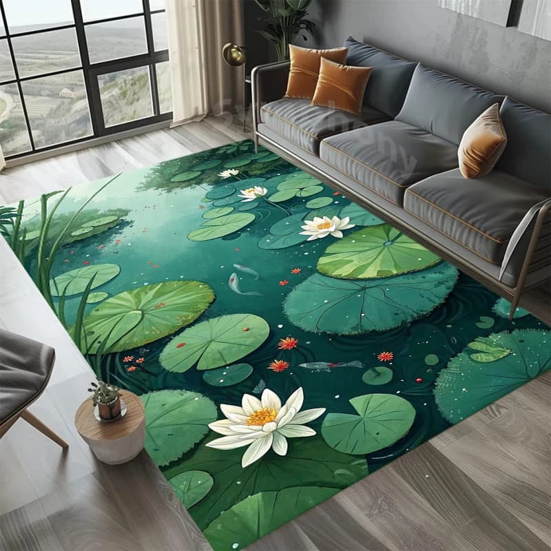 Tappeto estetico con stampa estiva di lago di loto per soggiorno, balcone, camera da letto, tappetino antiscivolo, tappeto decorativo per la casa