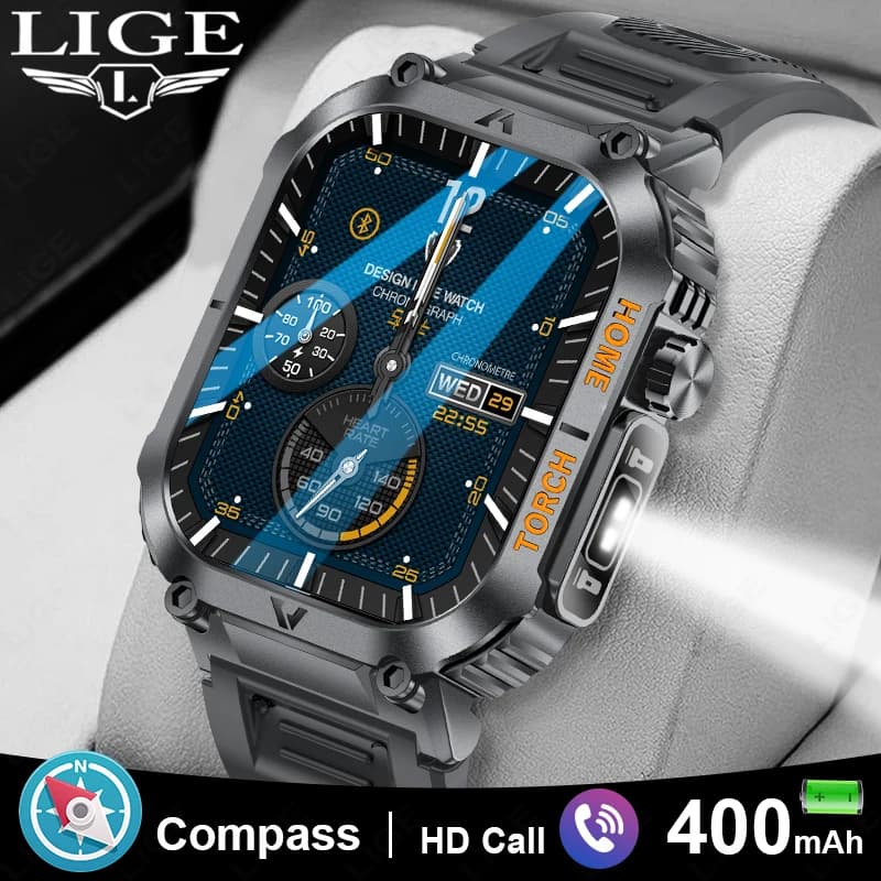 Smartwatch FOXBOX per sport all'aperto e fitness da uomo, schermo da 1,96 pollici, chiamate Bluetooth, impermeabile, bussola, ossigeno nel sangue, torcia.