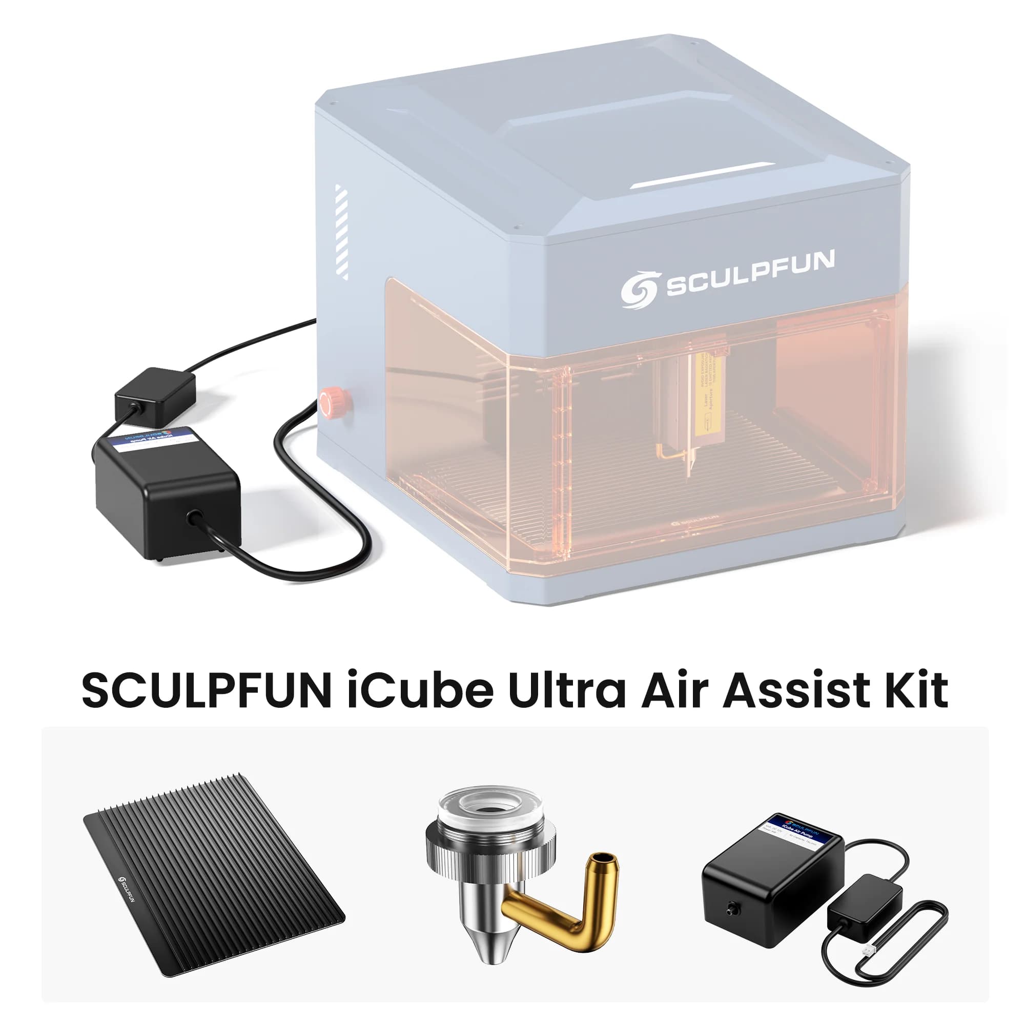 SCULPFUN Air Assist Kit for iCube Ultra laser engraver with cutting plate, less than 40 dB, low noise and low vibration