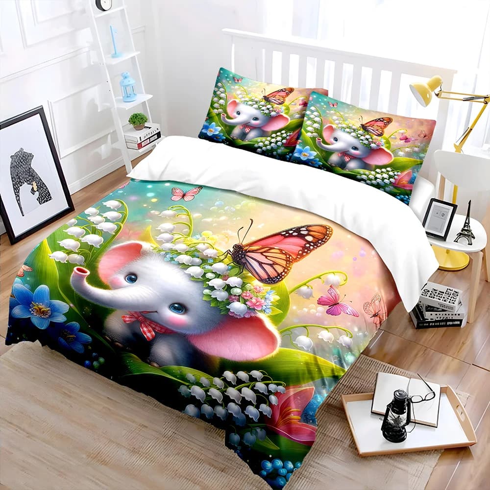 Set di biancheria da letto con stampa di elefanti carini e ghirlande di farfalle, 1 copripiumino, 2 federe per adulti e bambini, regalo di lusso, misura completa
