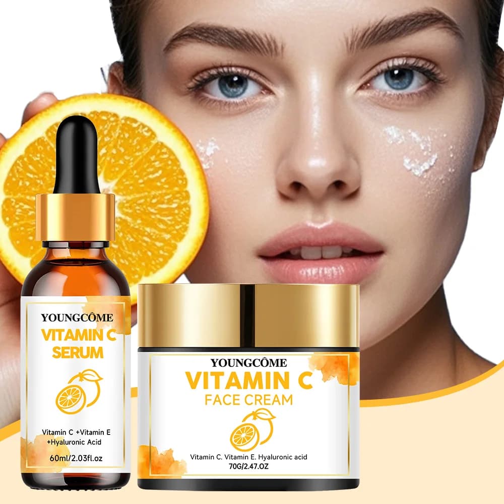 YOUNGCOME Vitamin C Skin Care Set for Women, Moisturizing routine for skin care with hyaluronic acid with serum, face cream 70 g + 60 ml