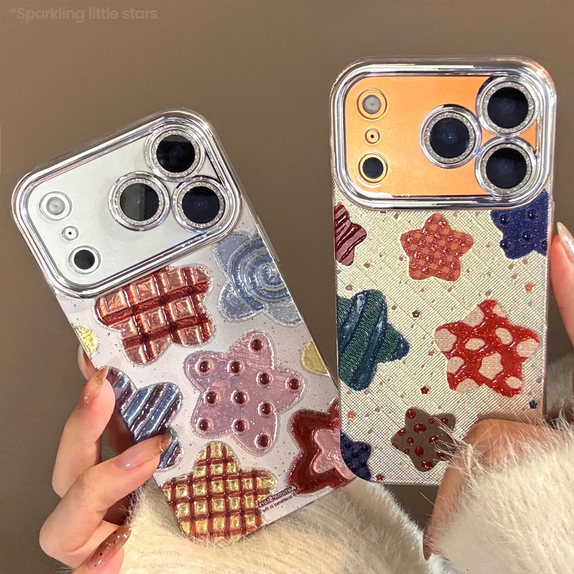 Korean Phone Case with Colorful Stars Glittered Plating for iPhone 17 Air 16e 15 14 13 12 11 Pro Max XS X XR 7 8 Plus Shock Cover