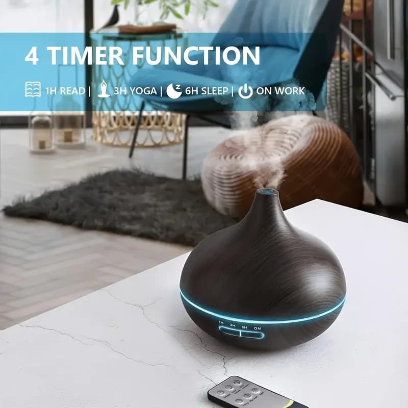 Diffusore per la casa da 550 ml con finitura effetto legno, telecomando e timer, umidificatore a nebulizzazione fredda per ambienti di grandi dimensioni, set da 6 oli.