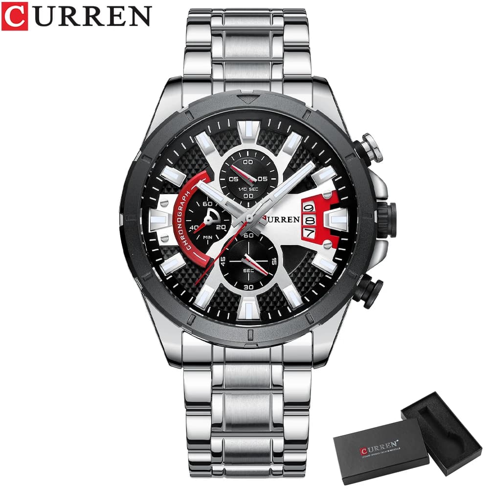 CURREN Men's sports chronograph watch with large dial with opaque stainless steel strap Luminous hands casual quartz wristwatch 8401