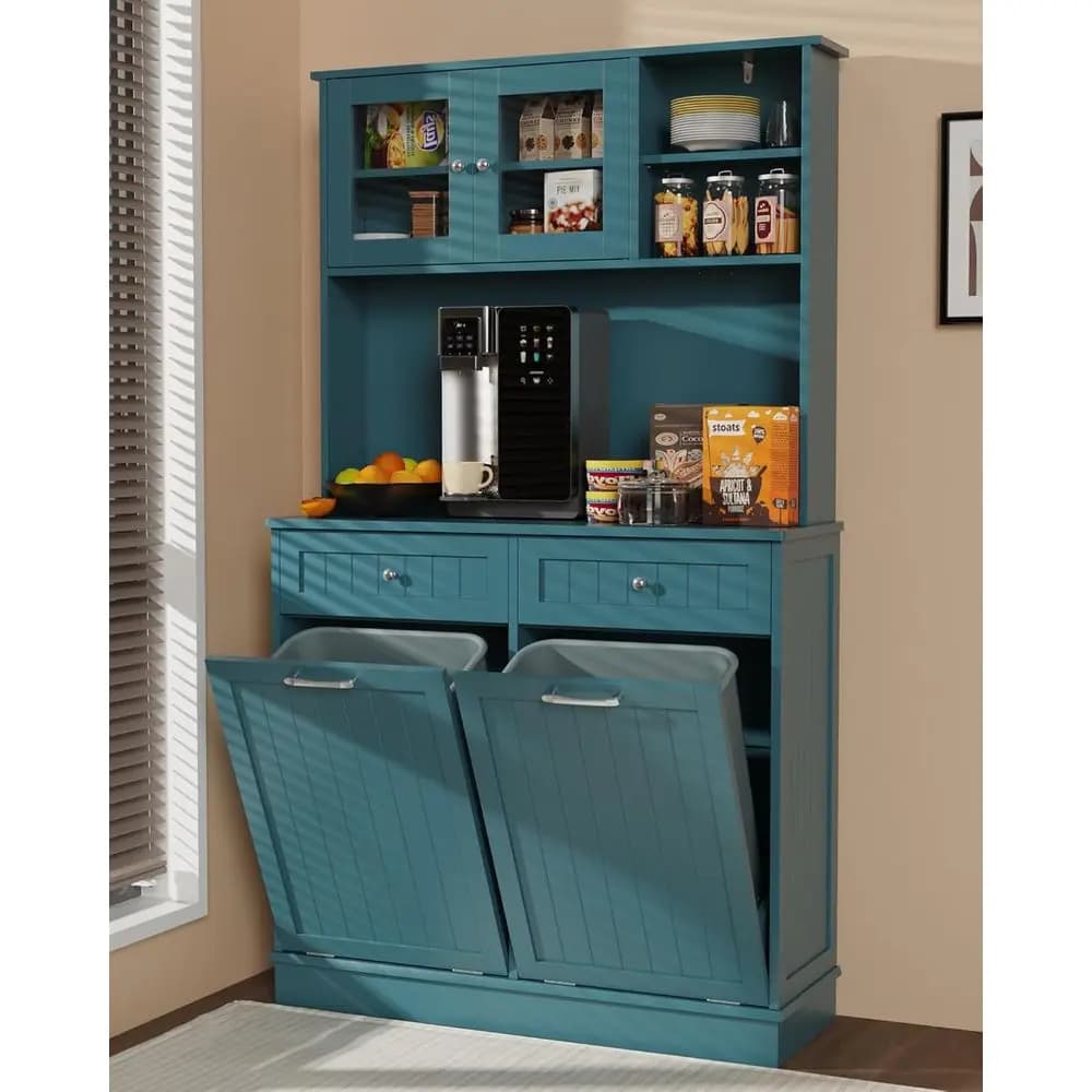Contenitore per Rifiuti e Riciclaggio in Legno da 20 Galloni con Supporti Nascosti, Armadietto da Cucina Blu Teal