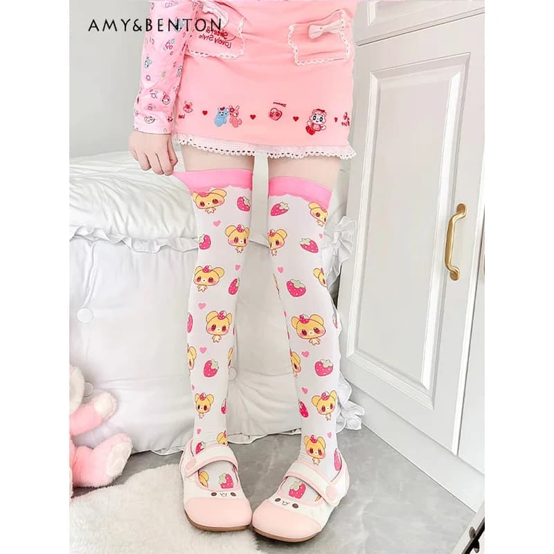 25COSOriginal Cartoon Printed Thigh High Stockings Japanese Cute Knee High Socks Daily Versatile Sweet Kawaii Velvet Stockings L