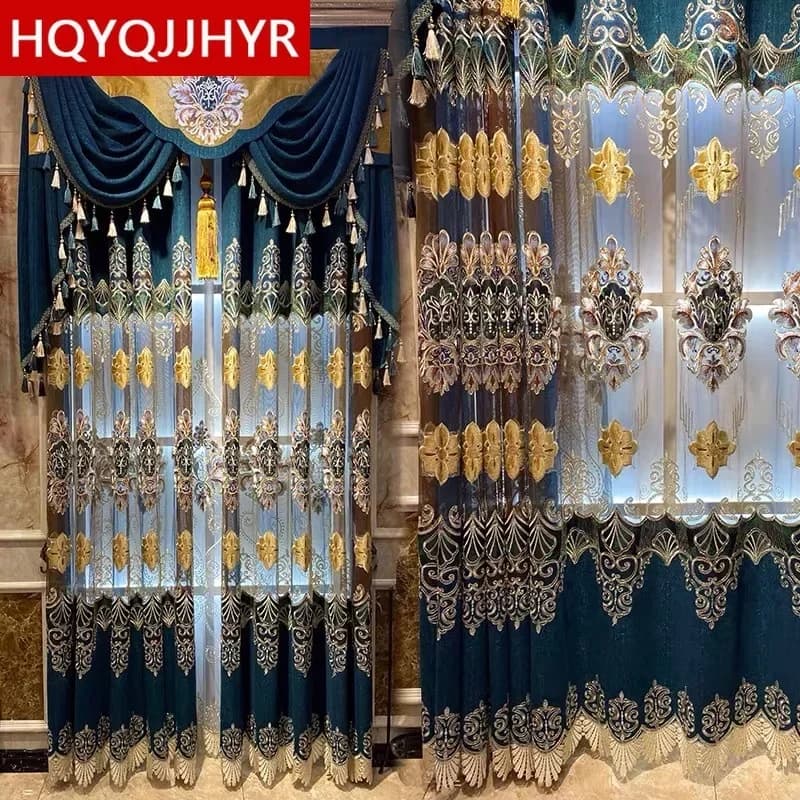 European Luxury Green Blue Embroidered Living Room Curtains Gold Velvet Design High-quality Valance Curtains for Bedroom Kitchen