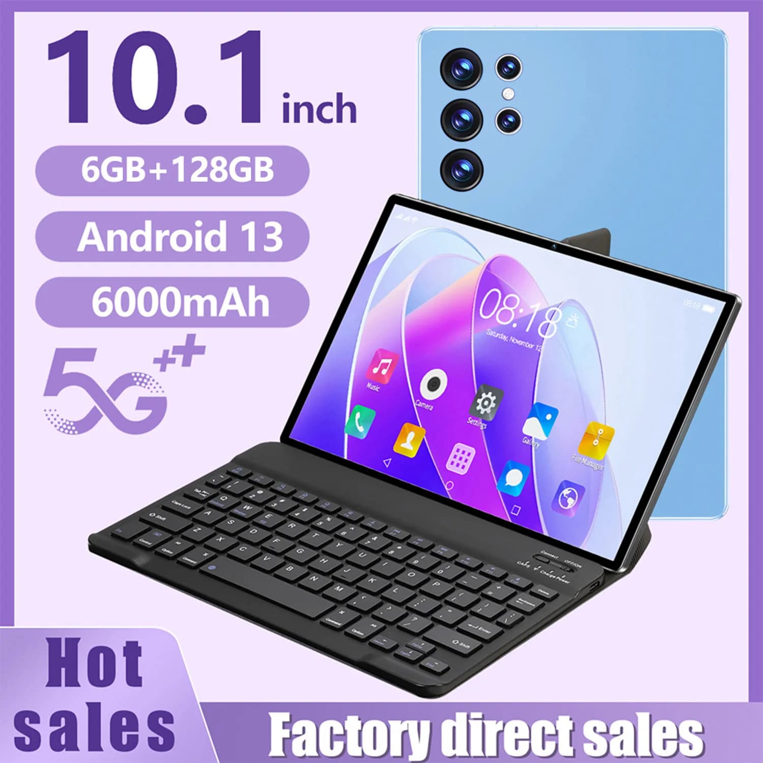 BDF-H39 Nuovo Tablet 4G da 10.1 Pollici, Octa Core, 6GB+128GB ROM, Display HD, Doppia SIM, Doppia Fotocamera, Tablet PC con Cover Tastiera