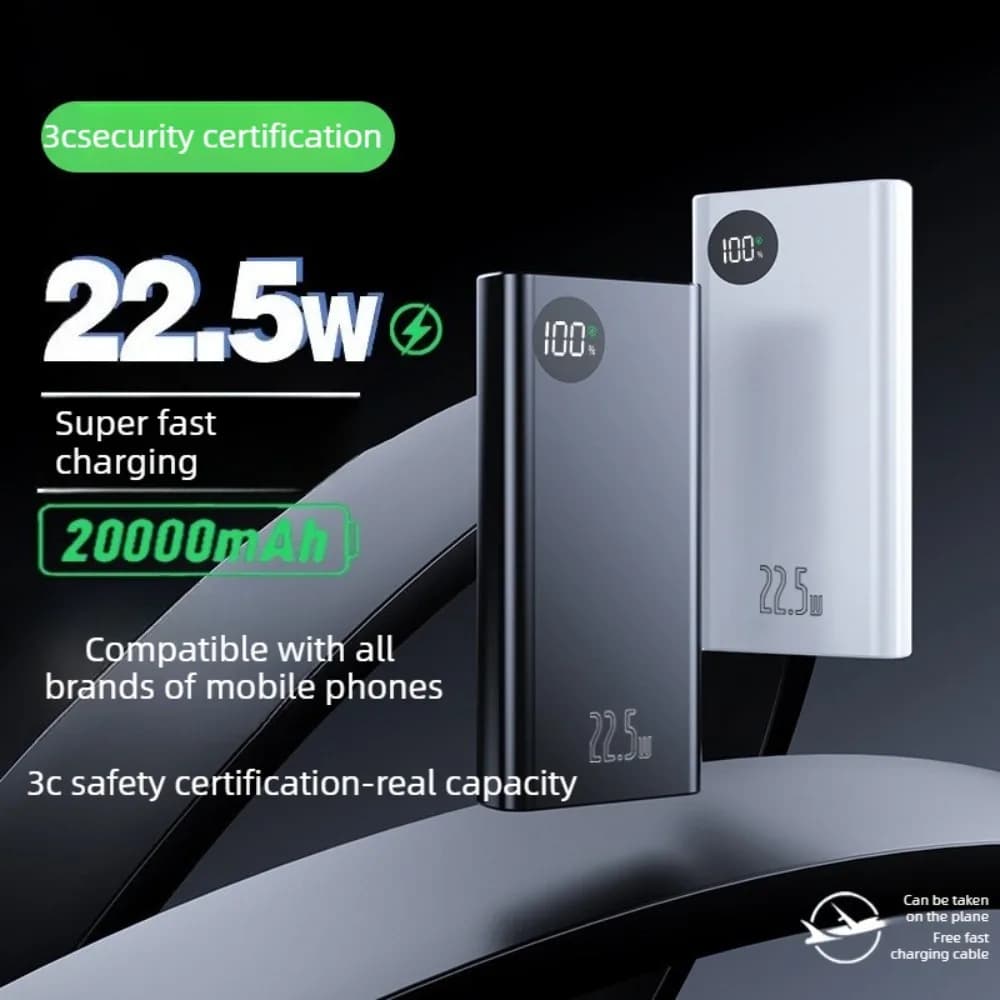 Power Bank da 20000mAh con Ricarica Rapida 22.5W, 3 Cavi Integrati, Batteria Esterna Universale Portatile