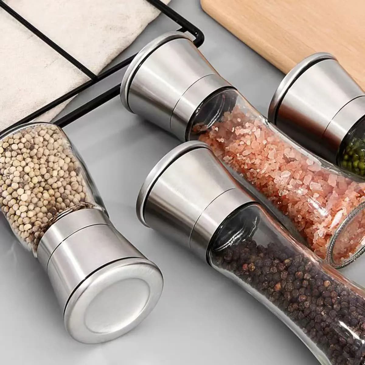 Set Macinino da Cucina Regolabile - Macina in Acciaio Inox 304 per Pepe, Sale Marino e Spezie, da Macinatura Grossa a Fine con Contenitore in Vetro
