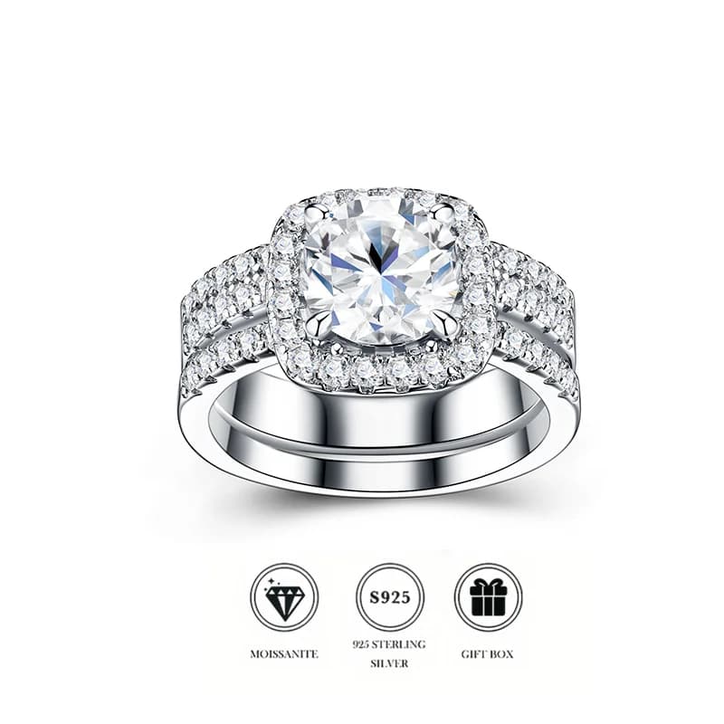 Set di Anelli con Moissanite Colore D, Anello di Fidanzamento Halo in Argento Sterling 925 + Fede Nuziale, Anello Promessa Nuziale con Pietre Laterali Incastonate