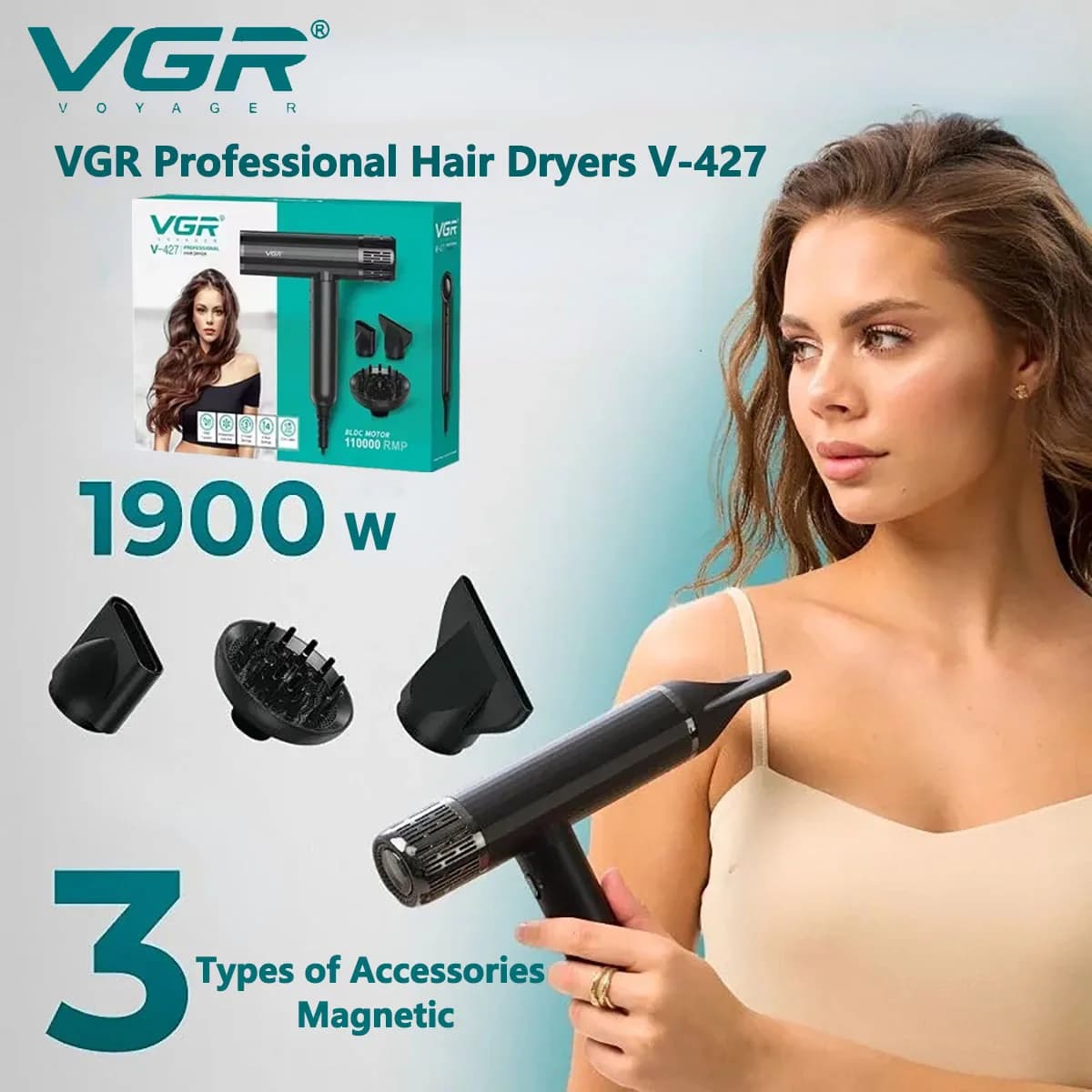 VGR Leafless Hair dryer Professional Negative Ions Hair dryer with brushless motor blower 11000RPM Powerful Electric Hair dryer for salon V-427