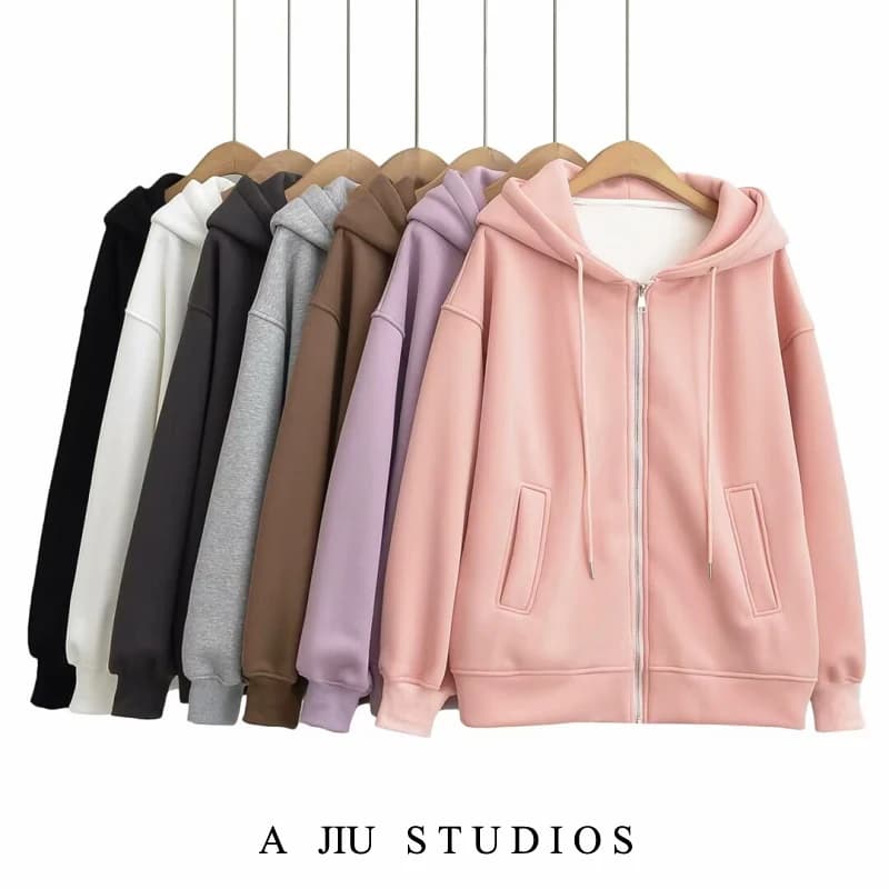 Slimming Effect American Retro Hooded Zipper Loose Fit Women's Sweatshirt Autumn Winter Fleece Lined Casual Open Cardigan Jacket