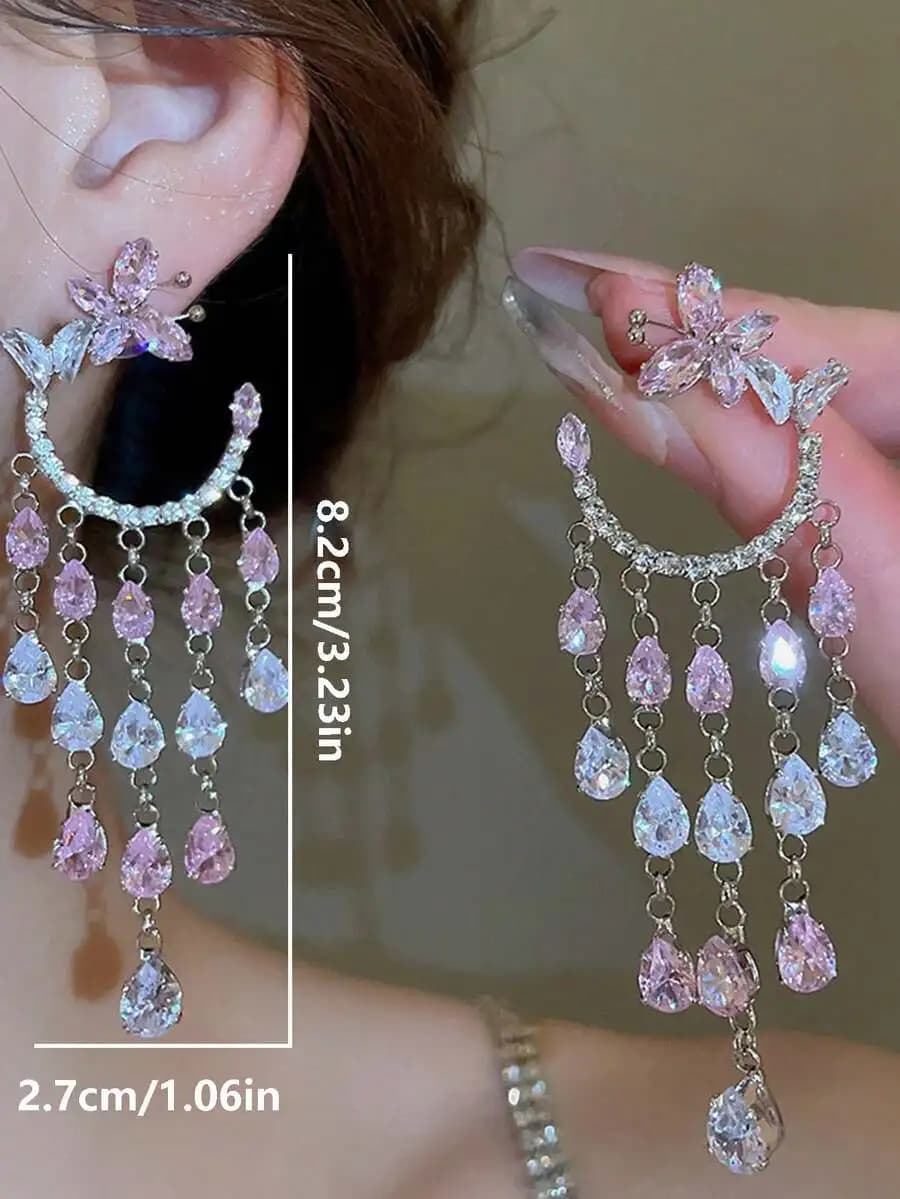 Pink Flower Chandelier Earrings With Teardrop Crystals For Women Party Wear
