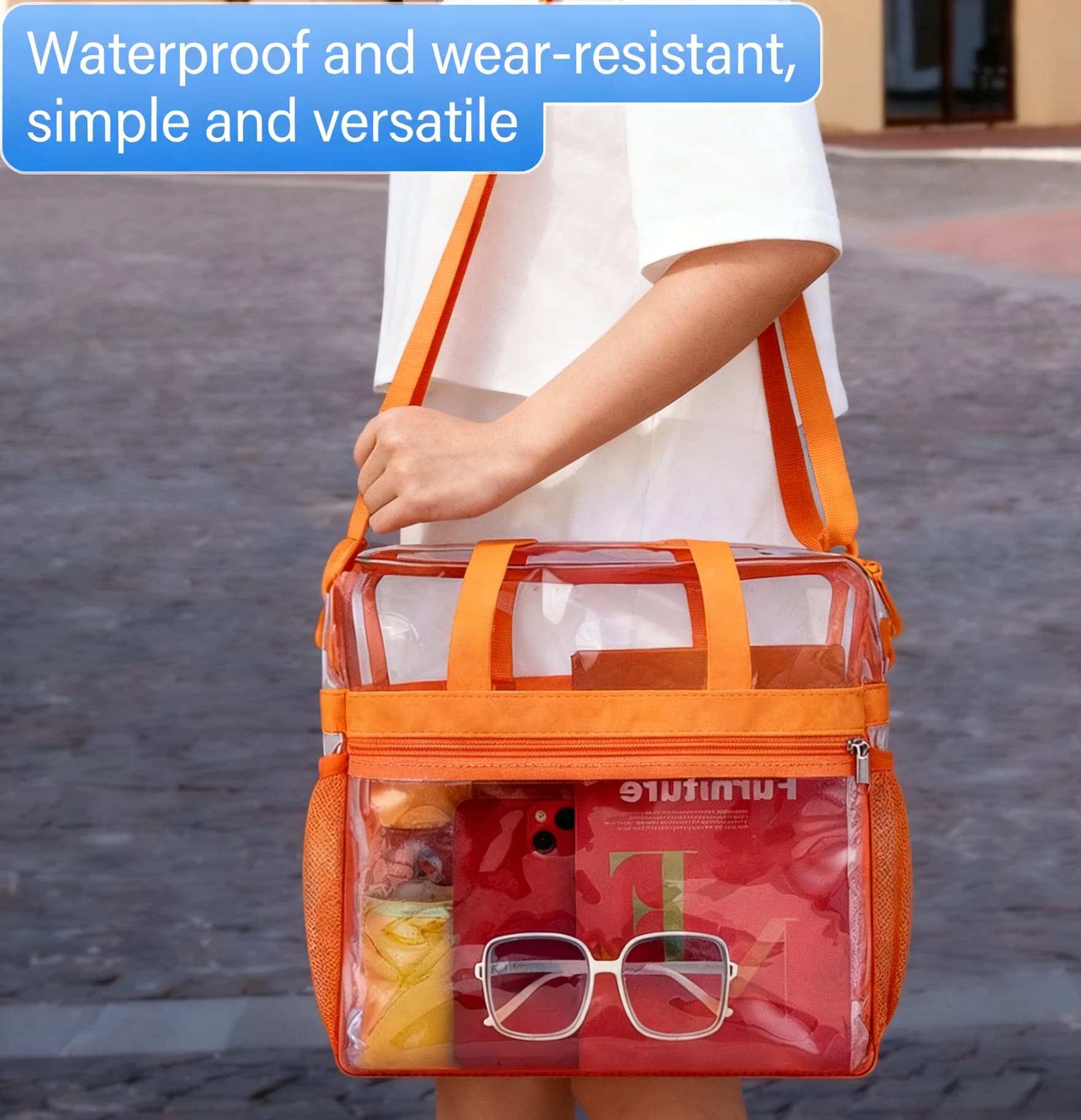Pink PVC portable travel bag for concerts, sports festivals, transparent design of great capacity for easy organization and washing