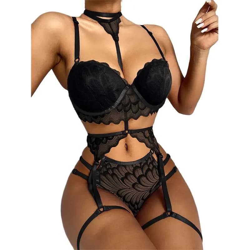 Set di lingerie sexy in pizzo Intimo da donna Reggiseno trasparente Set di reggicalze Set di reggiseno lingerie nera Set di biancheria intima erotica