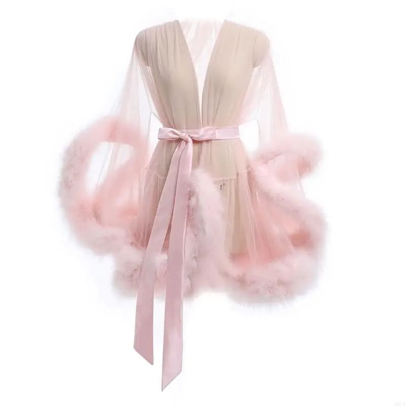 Kimono da donna in maglia trasparente, vestaglia, lingerie, pelliccia sintetica, camicia da notte a maniche lunghe, indumenti da