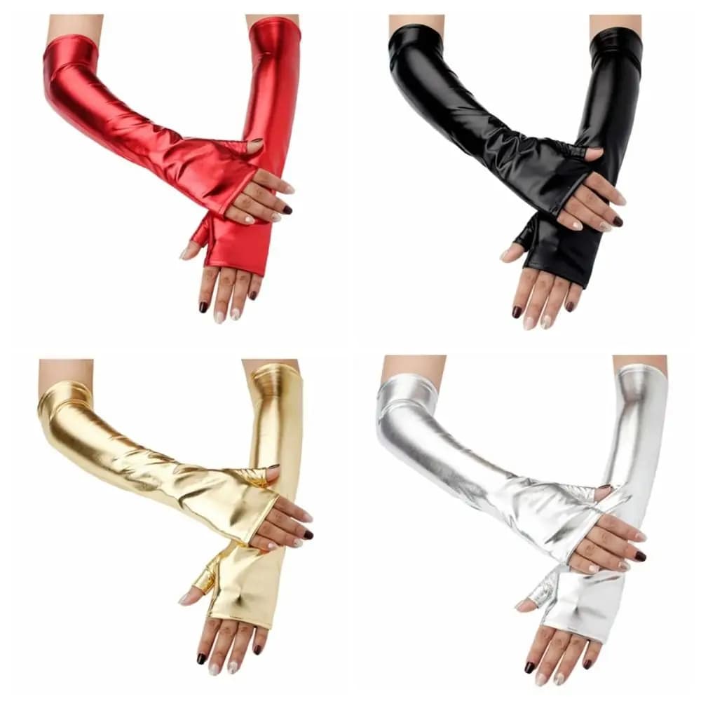 Guanti in Finta Pelle Metallizzata per Cosplay, Lunghezza al Gomito, Oro e Argento, Guanti in Latex per Donne