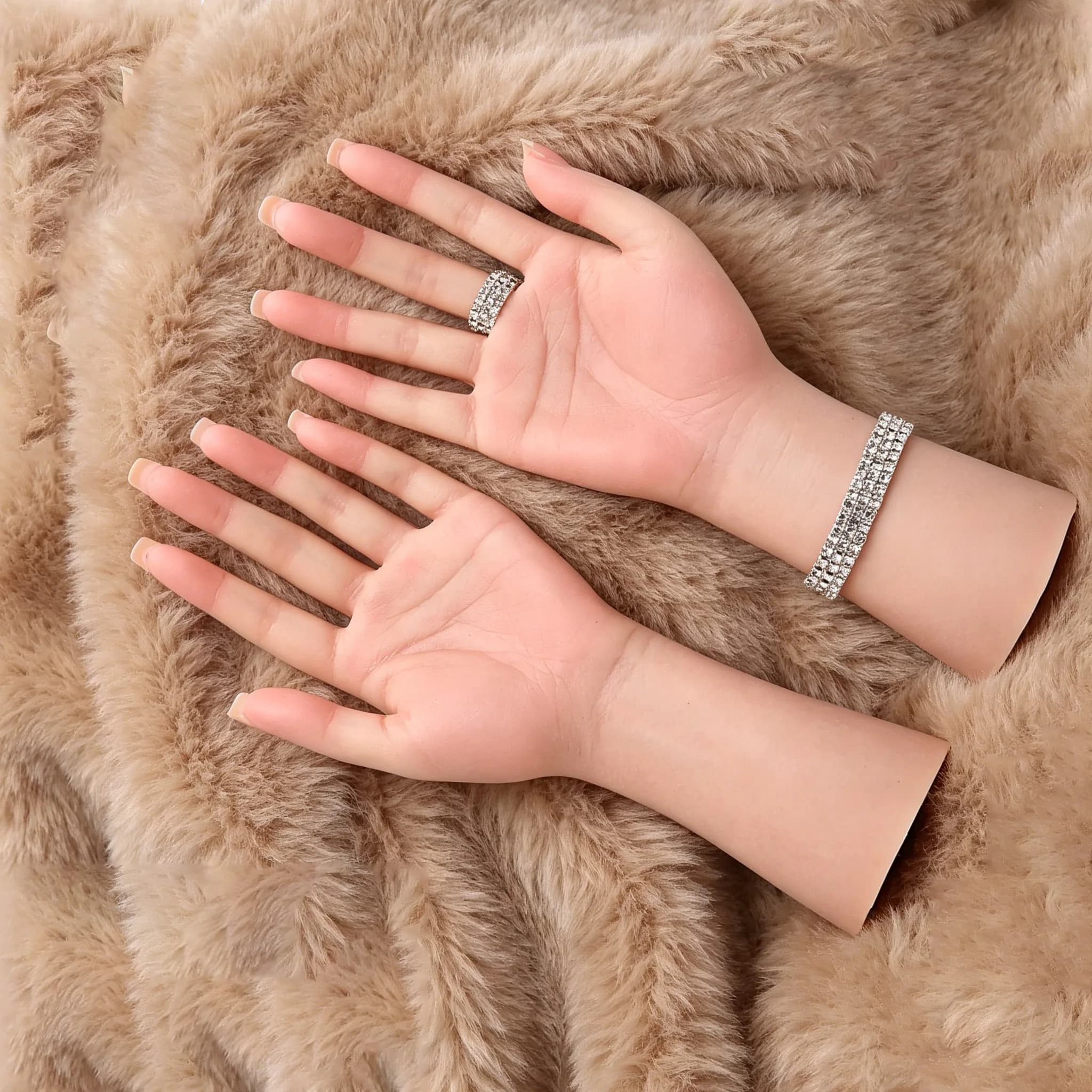 Realistic silicone hand model, female hands with fingers and foldable wrist for henna display, art sketches, jewelry, fake nails, manicures and salons.