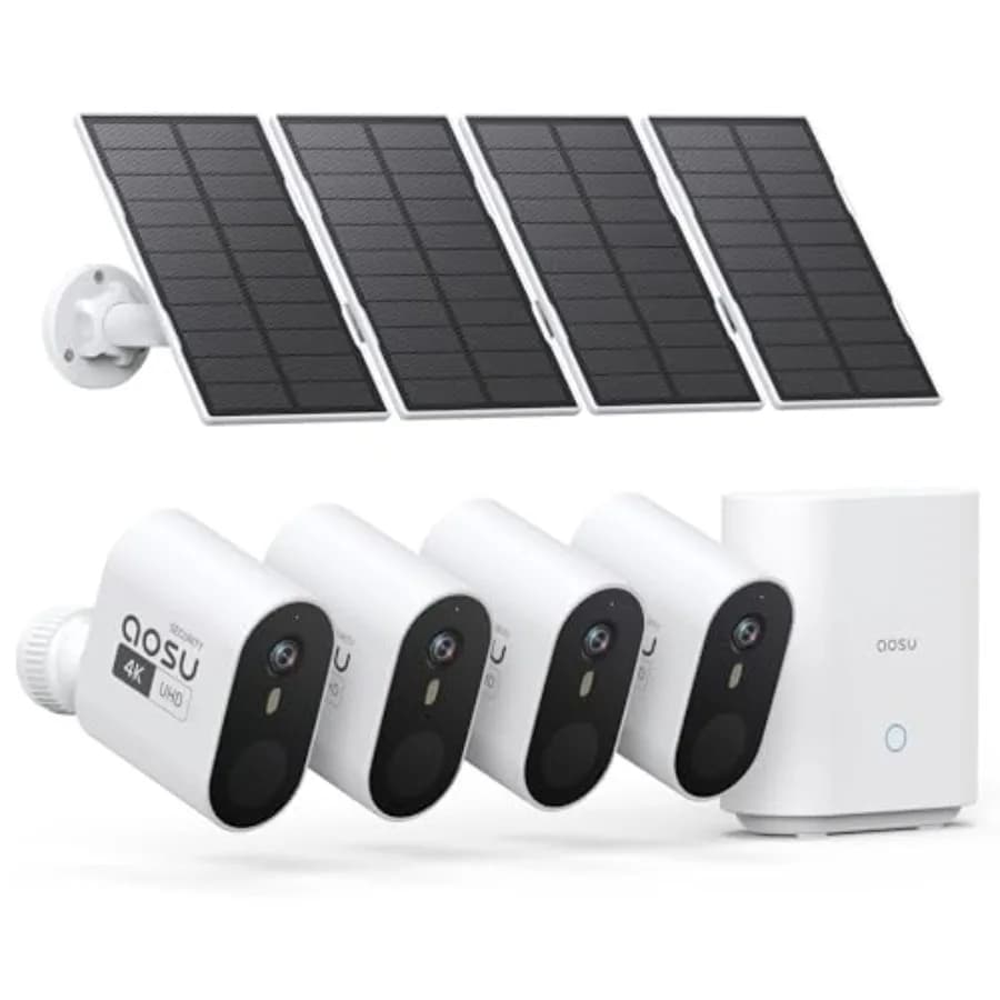Telecamere di Sicurezza Wireless da Esterno Kit 4 Telecamere Alimentate a Energia Solare con Visione Notturna HD a Colori Ultra-Ampia 166°, Faretto e Allarme con Sirena