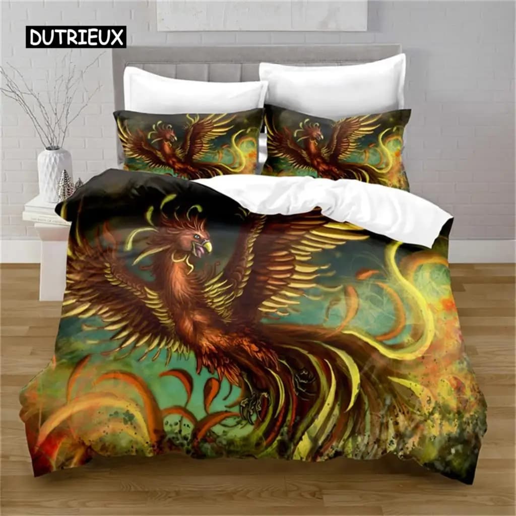 Splendido set copripiumino colorato con fenice, set biancheria da letto con uccelli dei cartoni animati, completo in microfibra con ali a fiamma, copripiumino per decorazione camera da letto