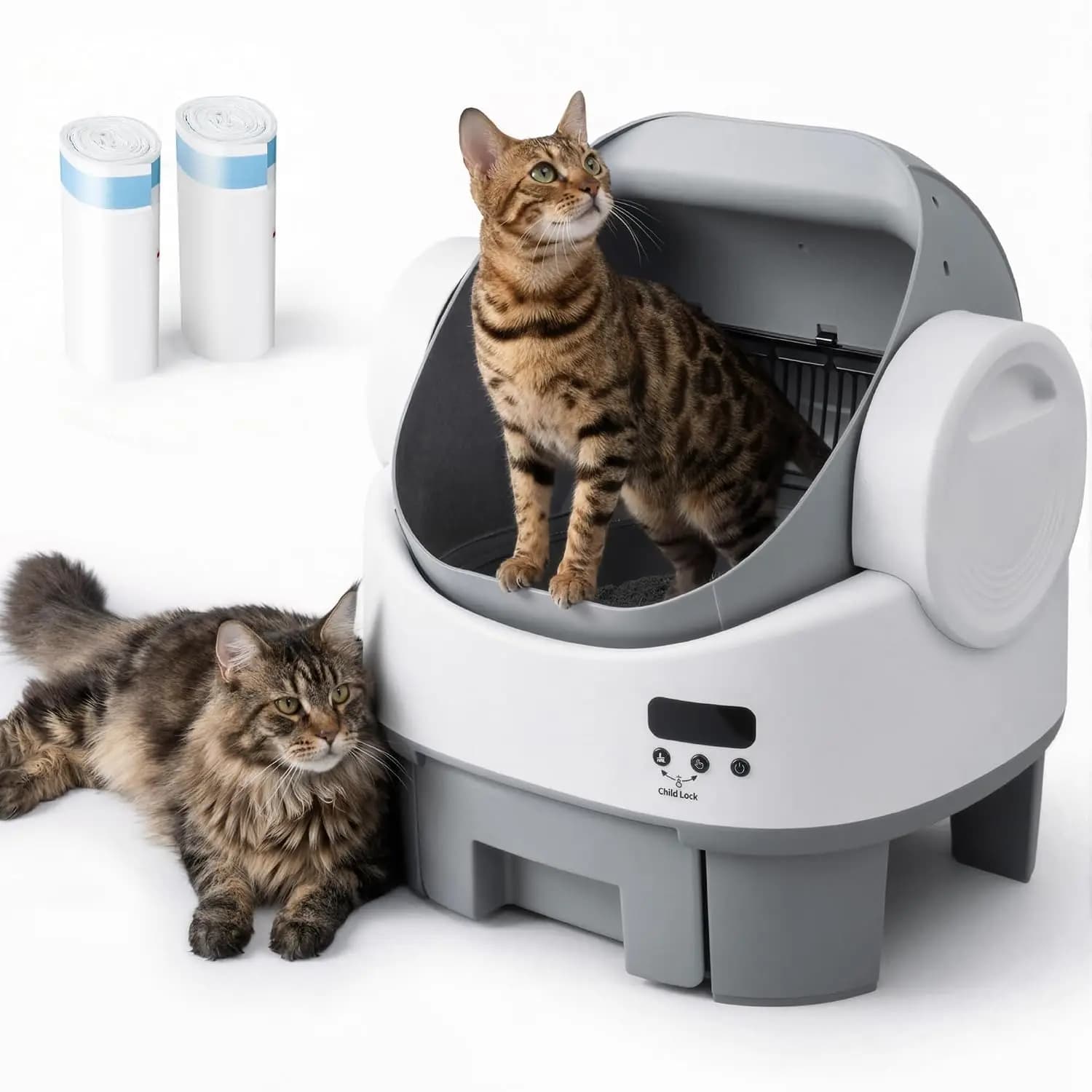 Open Top Self-Cleaning Cat Litter Box with Child Lock, 10L Waste Drawer, Multi-Cat Use, Includes Bags & Mat, Gray, Customized