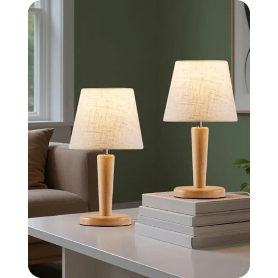 Set di 2 Lampade da Comodino in Legno da 12 Pollici, Piccole Lampade da Scrivania per Spazi Ristretti, 3 Temperature di Colore con Memoria, Paralume in Lino Beige