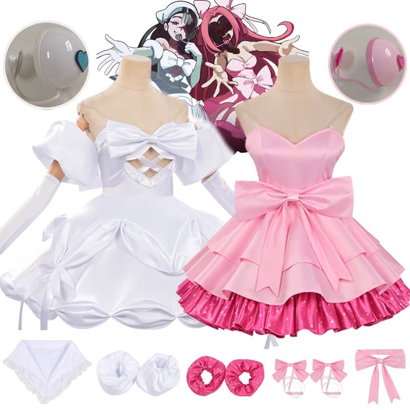 Alien Stage Sua Mizi Cosplay Outfit Pink White Gothic Lolita Dress Full Set Headwear Mask Headset Halloween Party Costume