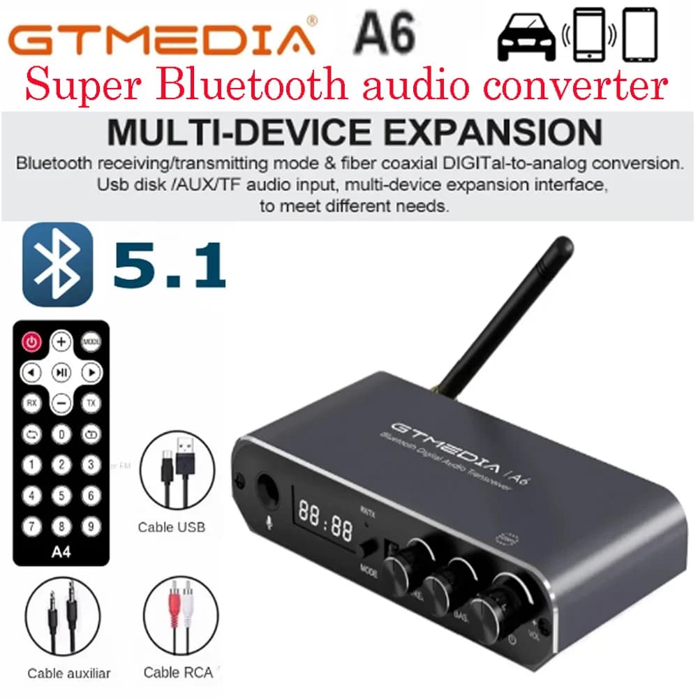 [Autentico] GTMedia A6 Adattatore audio Bluetooth wireless USB Supporto Riproduzione scheda TF USB U-Disk Audio per auto AUX da 3,5 mm + telecomando