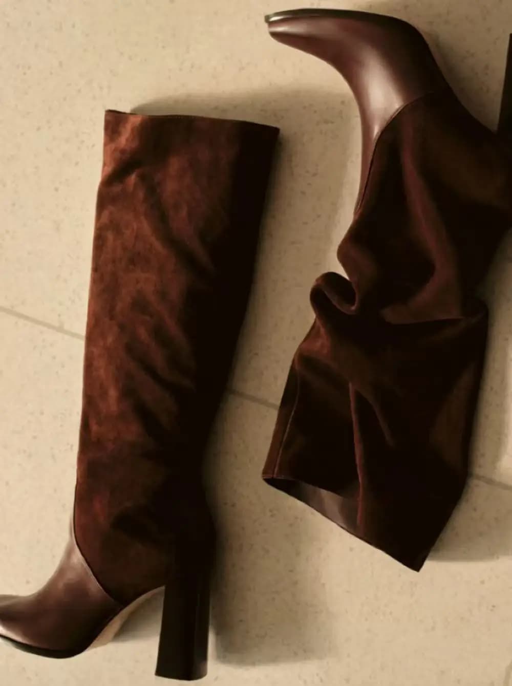 Dark Brown Two-Tone Knee-High Boots Smooth Leather Square Toe Slouchy Suede Shaft Thick Block Heel Western Boots for Daily Looks