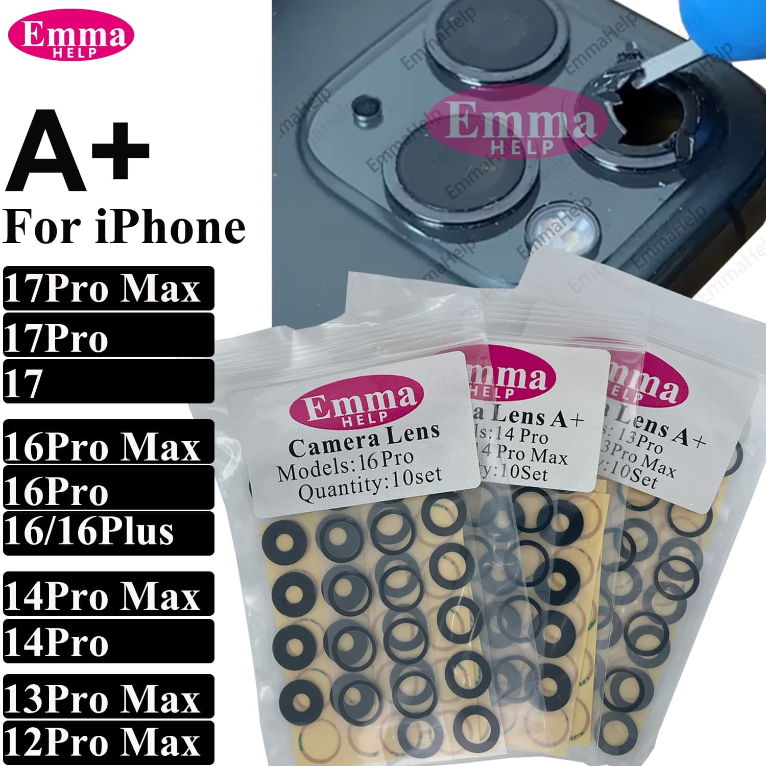 10 Set di Vetri per Fotocamera Posteriore A+ per iPhone 17 Air 16 Plus 15 Pro Max 14 13 Mini 12, Copriobiettivo in Vetro per Fotocamera Posteriore con Adesivo
