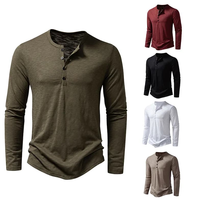 T-shirt a maniche lunghe tinta unita da uomo Khaki ArmyGreen Colletto Henley Moda Casual T-shirt a maniche lunghe allentata Top da uomo