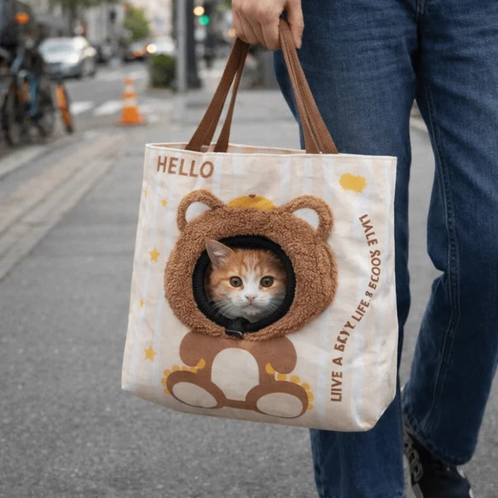 Borsa per animali domestici Borsa da trasporto per gatti traspirante Borsa a tracolla per gatti in tela portatile Cartone animato con foro Borsa a tracolla per animali domestici che camminano