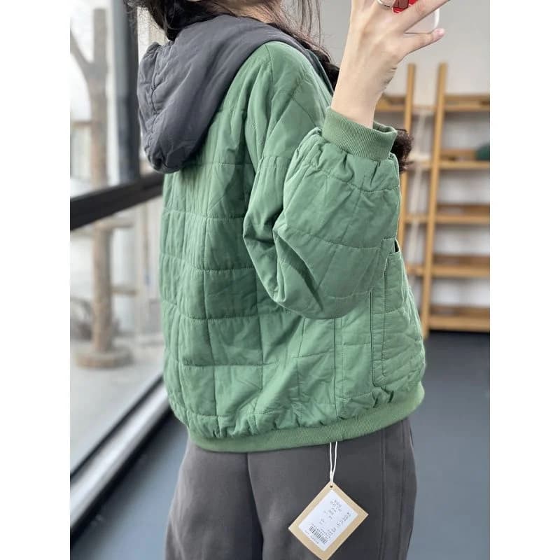 Trendy Korean Style Loose Casual Hooded Cotton Jacket Women's Fashion Fake Two-Piece Style Color Block Sleeve Long Coat