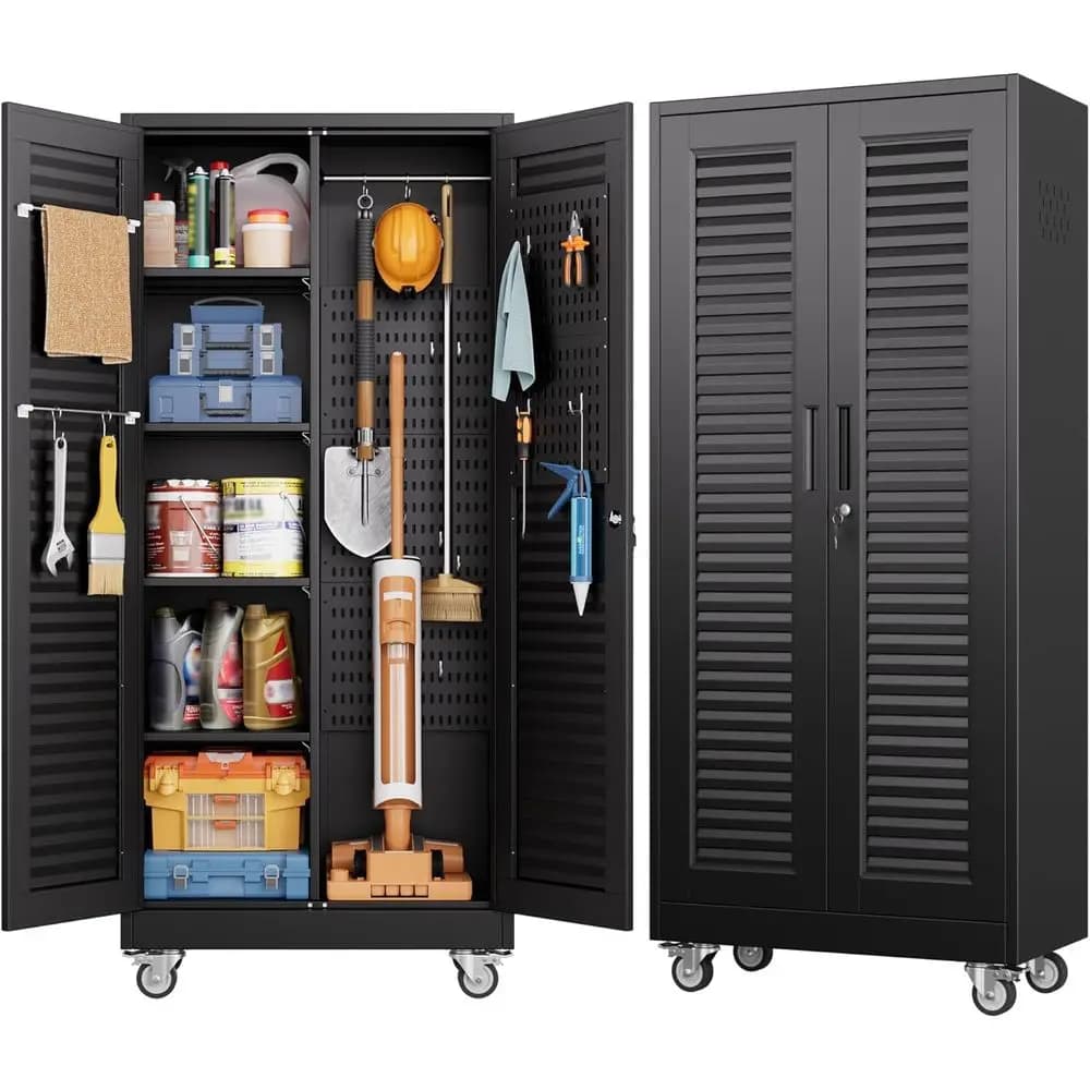 Armadio Porta-Mop and Scopa in Black Steel with Adjustable Shelves, Lock, Panels and Wheels, Mounting Required