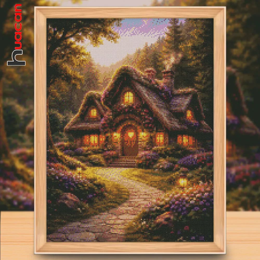 Huacan Landscape Cross Stitch New DIY 11CT Thread Printed Forest Fairy Tale Thatched Stone House Embroidery Kits Home Decoration