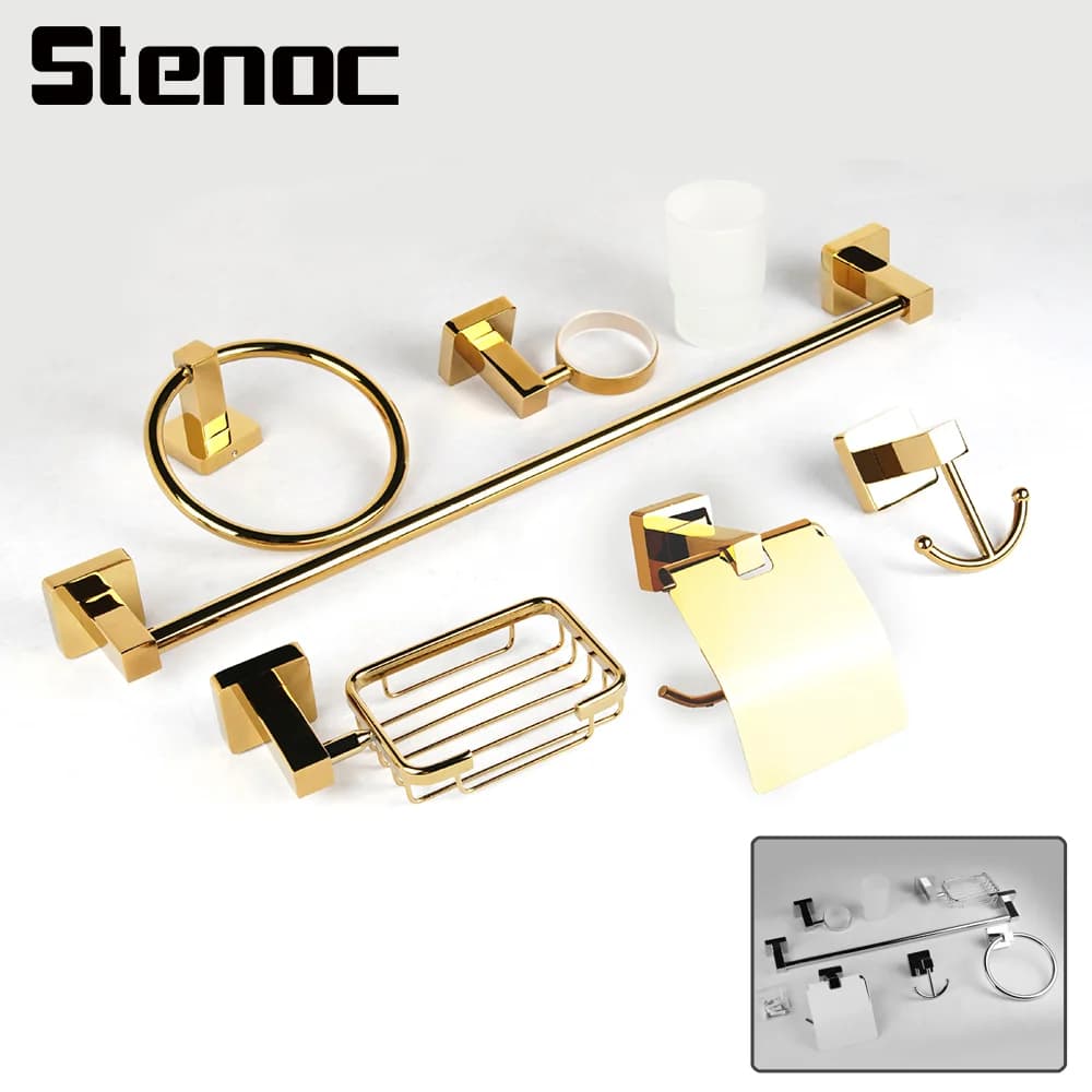 Gold/Silve Square Bathroom Accessories Set Hardware Kit Wall Mount Hand Towel Bar Rack Toilet Roll Paper Holder Robe Hook Hanger
