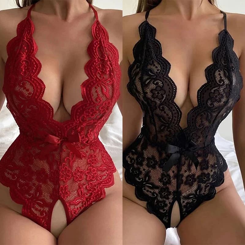Crotchless Red Sexy Underwear Women Lace Hollow Bra Set Costume erotico Teddy Baby Doll Dress Deep V Open Bra Bow Lingerie Set