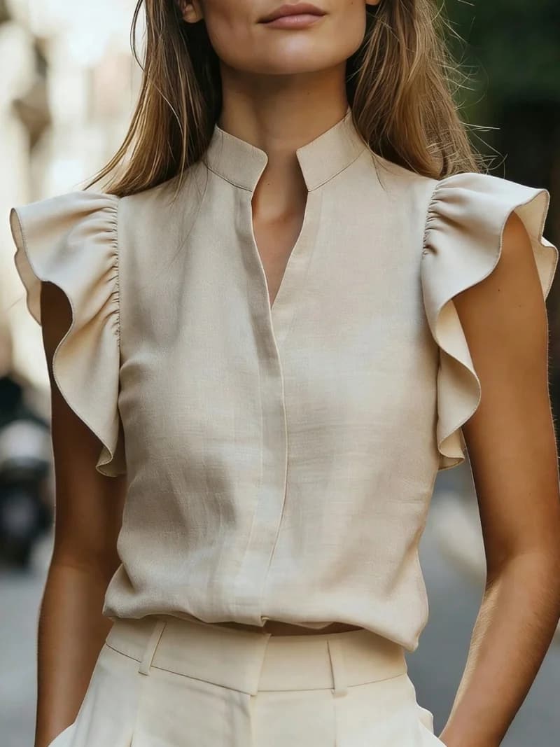 Camicetta da donna senza maniche con volant, scollo a V, top casual, abbigliamento da ufficio, camicia estiva alla moda, leggera