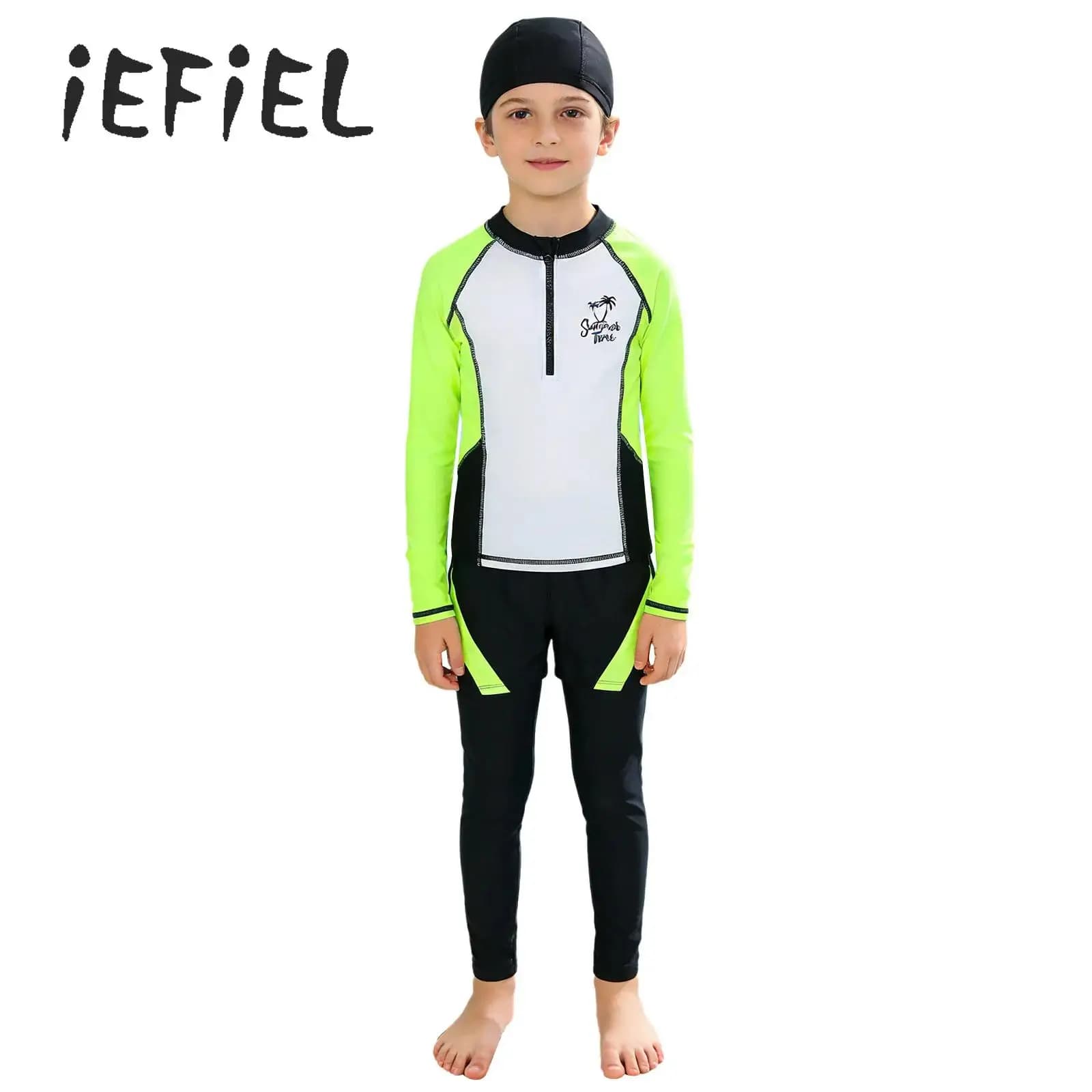 Two-piece swimsuit for boys, long sleeve sun protection, fast drying top with long trousers and bath hood, surf swimsuits